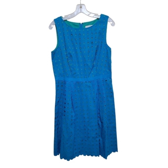 Ann Taylor LOFT Teal Blue Green Diamond Eyelet Sleeveless Dress sz 8 - Picture 7 of 9